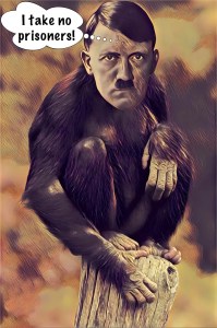 Chimpanzee Führer perched on stump.