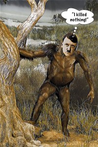 Australopithecus afarensis Führer, bipedal, standing next to tree (Pliocene).