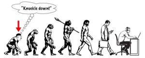 In this image, Adolf Hitler is a knuckle walking prehistoric chimpanzee, which is a dead ringer on the English idiom knuckle down, which means get to work or do some work etc.